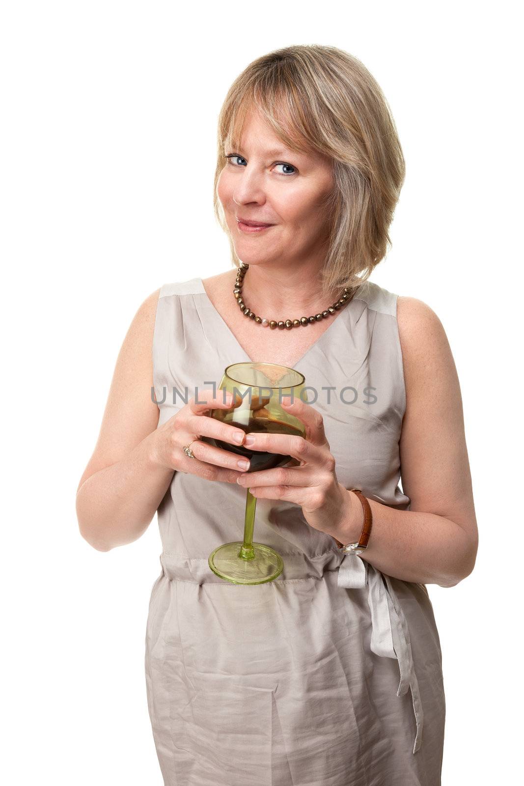Attractive Smiling Mature Woman Holding Wine Glass Isolated
