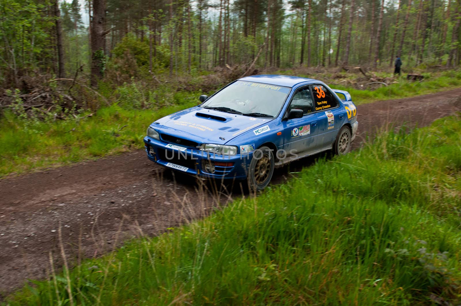 MALLOW, IRELAND - MAY 19: D. Creedon driving Subaru Impreza at the Jim Walsh Cork Forest Rally on May 19, 2012 in Mallow, Ireland. 4th round of the Valvoline National Forest Rally Championship.