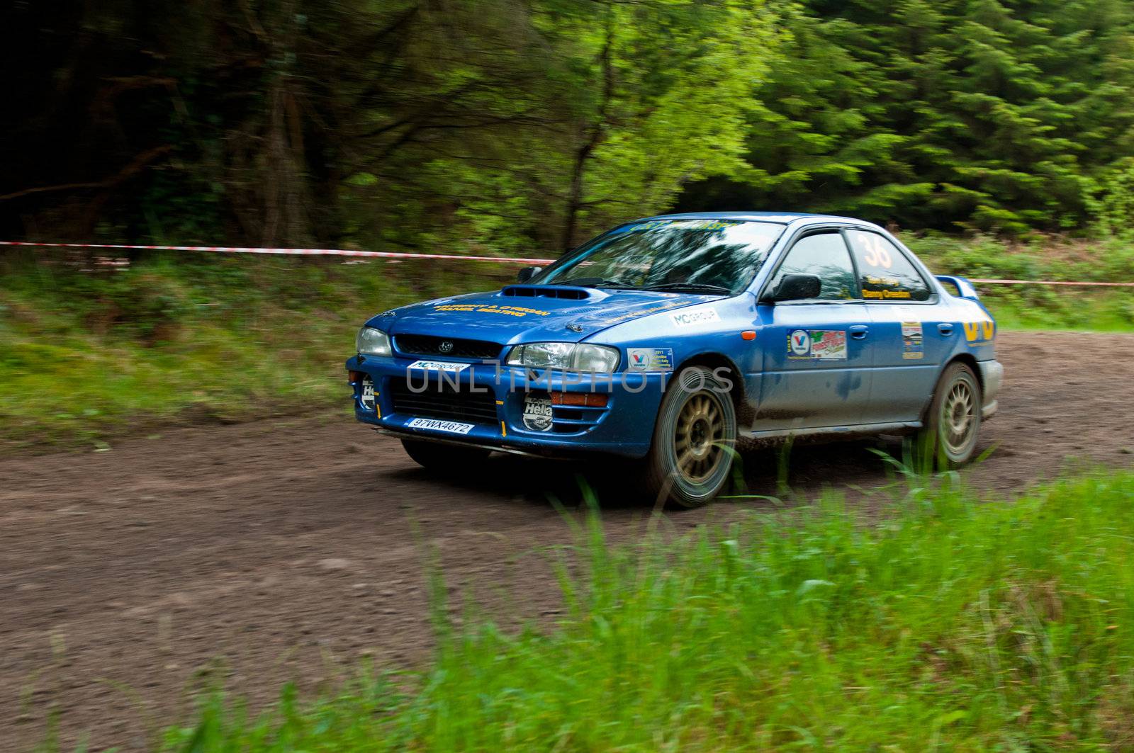 MALLOW, IRELAND - MAY 19: D. Creedon driving Subaru Impreza at the Jim Walsh Cork Forest Rally on May 19, 2012 in Mallow, Ireland. 4th round of the Valvoline National Forest Rally Championship.