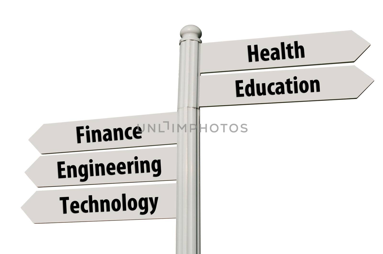 conceptual picture of a signpost with five career paths isolated on white background (all signs cleaned)