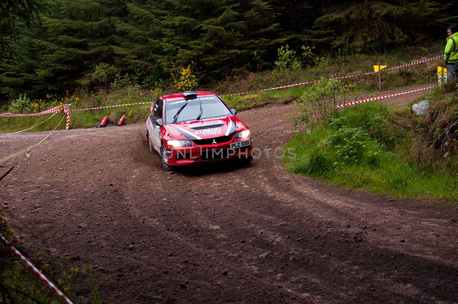 MALLOW, IRELAND - MAY 19: P. O' Connell driving Mitsubishi Evo at the Jim Walsh Cork Forest Rally on May 19, 2012 in Mallow, Ireland. 4th round of the Valvoline National Forest Rally Championship.