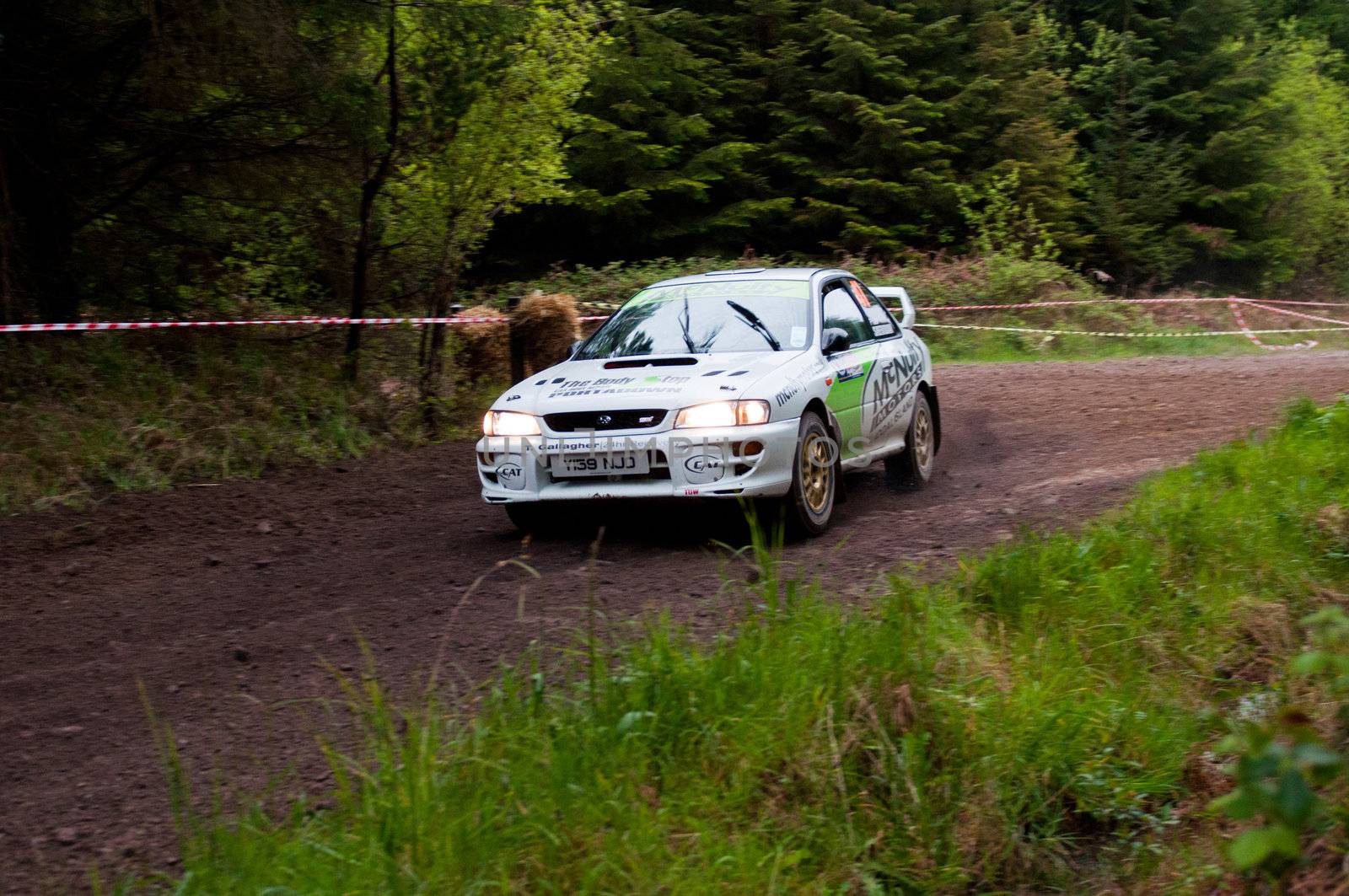 MALLOW, IRELAND - MAY 19: E. Mcnulty driving Subaru Impreza at the Jim Walsh Cork Forest Rally on May 19, 2012 in Mallow, Ireland. 4th round of the Valvoline National Forest Rally Championship.