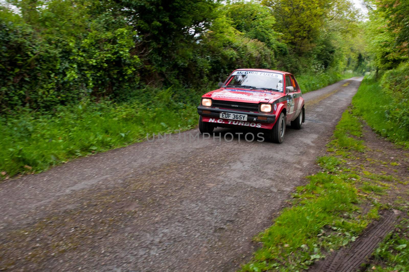 MALLOW, IRELAND - MAY 19: S. Mcgirr driving Toyota Starlet at the Jim Walsh Cork Forest Rally on May 19, 2012 in Mallow, Ireland. 4th round of the Valvoline National Forest Rally Championship.