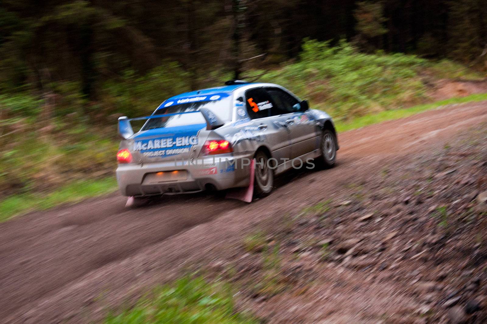 MALLOW, IRELAND - MAY 19: V. Mcaree driving Mitsubishi Evo at the Jim Walsh Cork Forest Rally on May 19, 2012 in Mallow, Ireland. 4th round of the Valvoline National Forest Rally Championship.