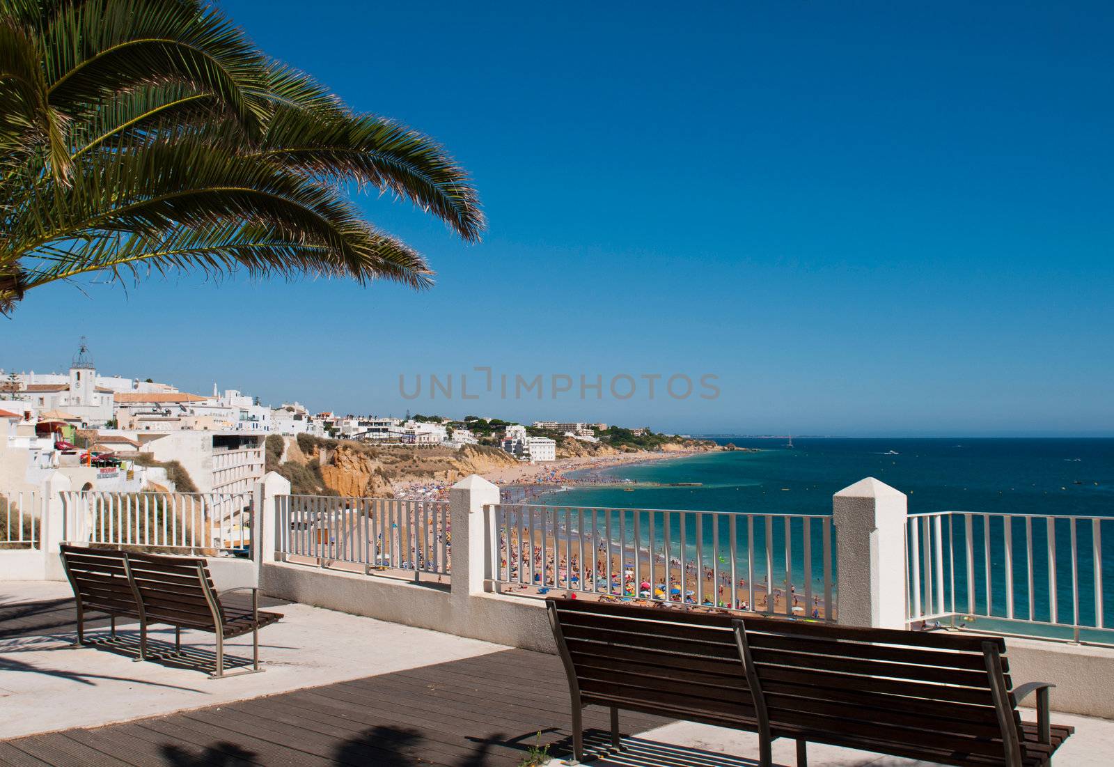 stunning Albufeira beach view in Algarve, Portugal (focus on the foreground)