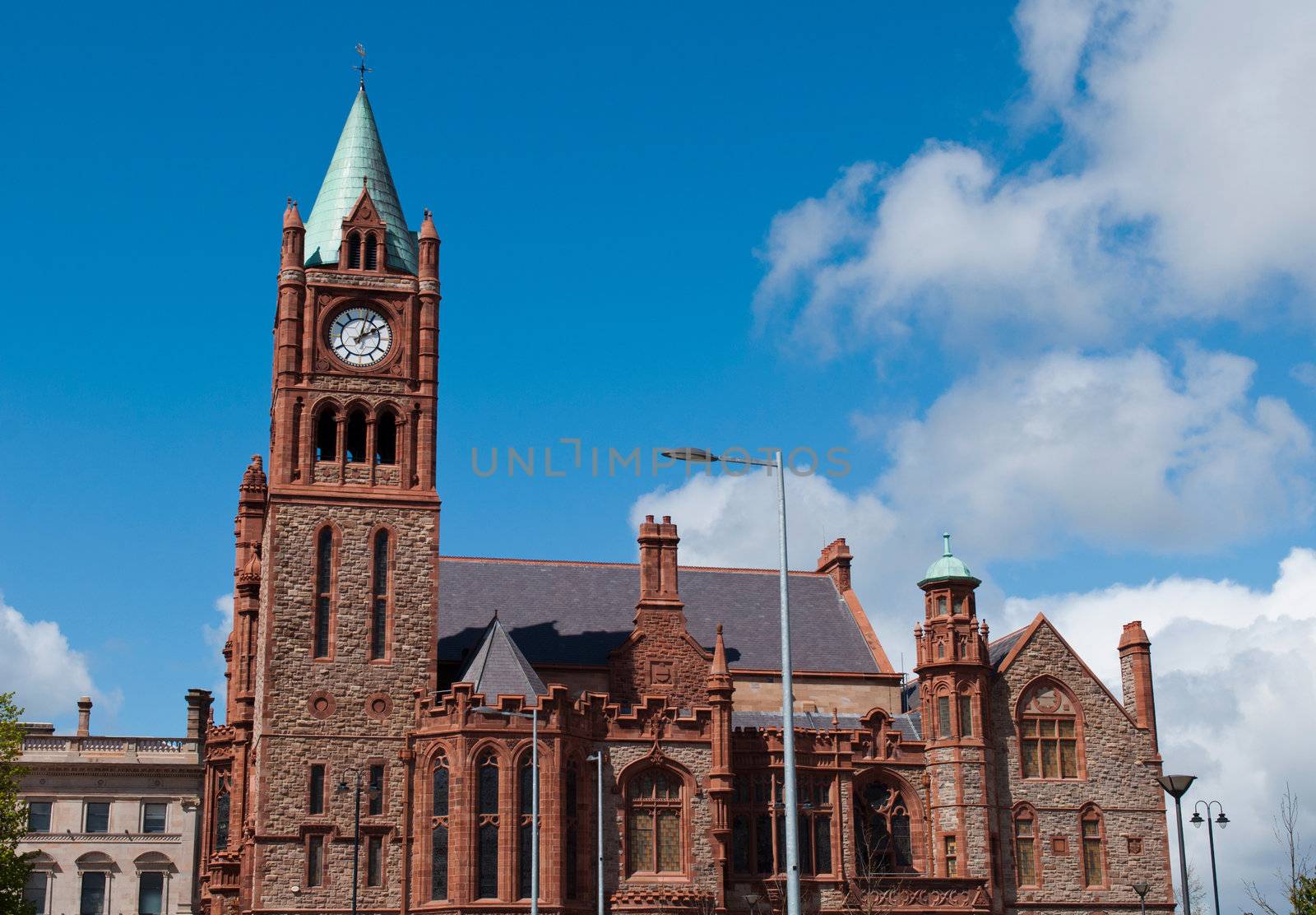 The Guildhall, neo-gothic building located at the main city square in Londonderry, Northern Ireland  