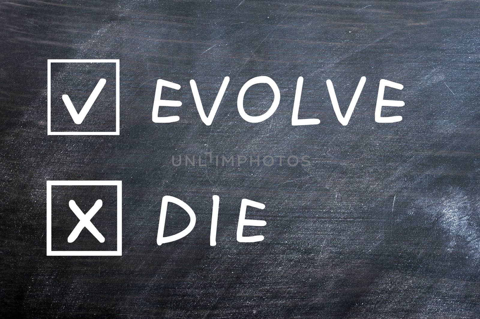 Evolve or die with check boxes drawn with chalk on a smudged blackboard