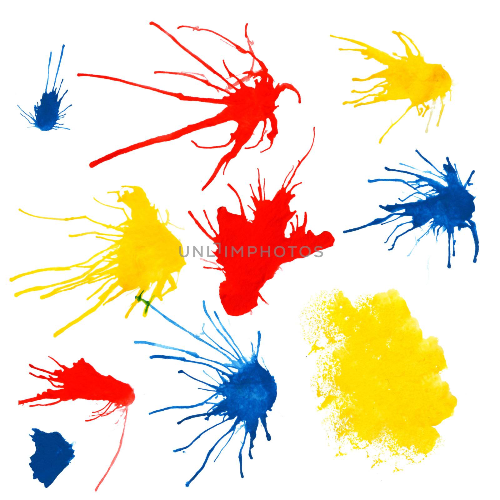 Colorful bright ink splashes on white background.