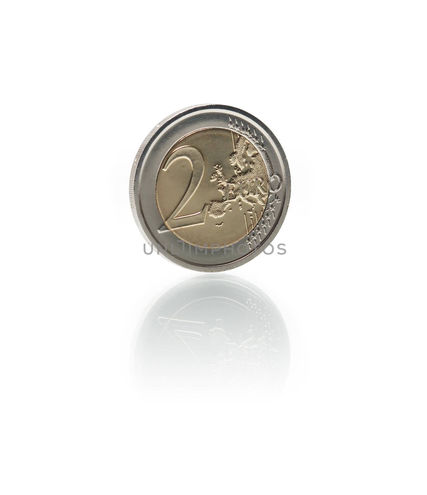 Closeup of two euro coin on white background. Clipping path is included