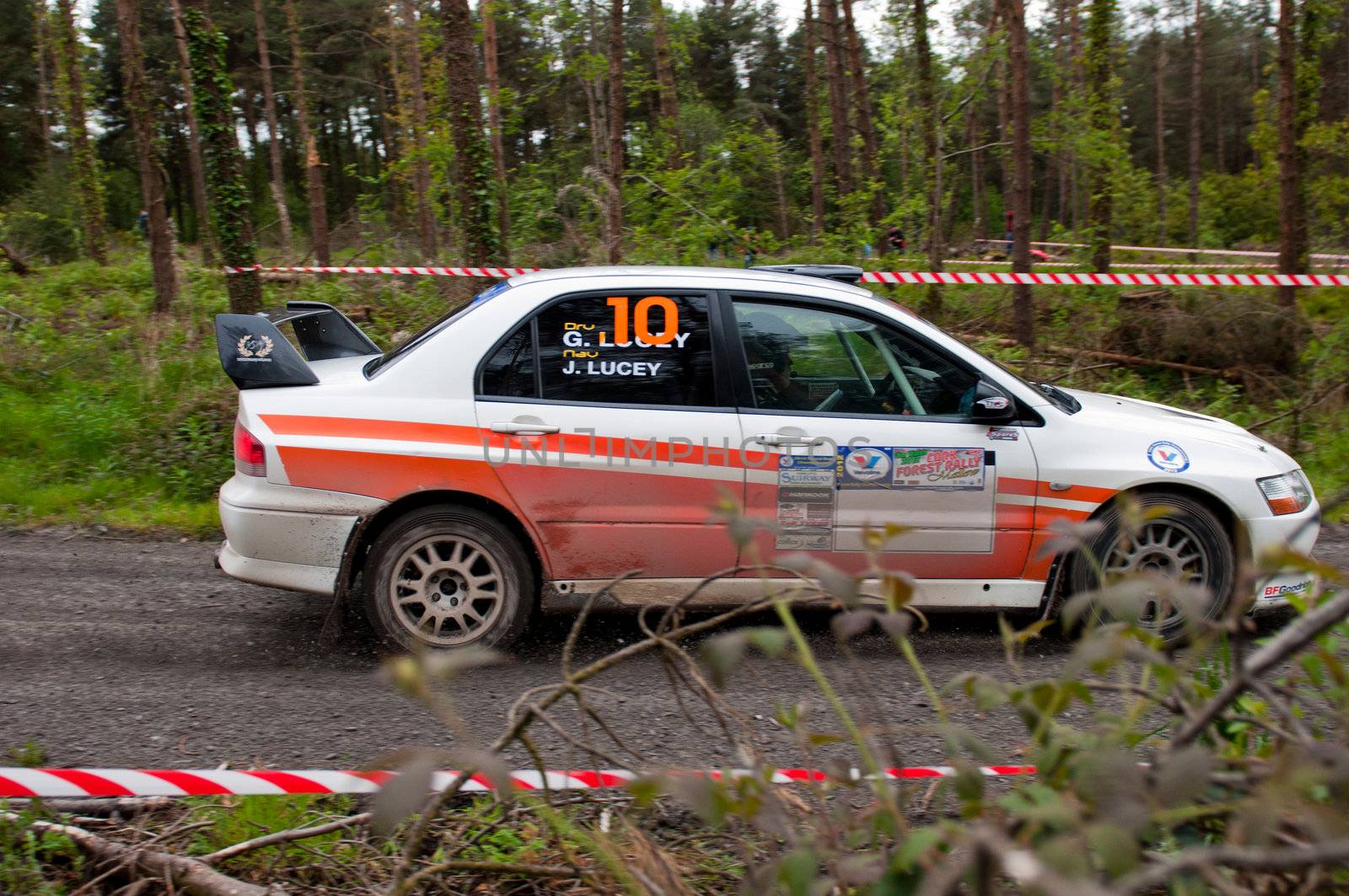 MALLOW, IRELAND - MAY 19: G. Lucey driving Mitsubishi Evo at the Jim Walsh Cork Forest Rally on May 19, 2012 in Mallow, Ireland. 4th round of the Valvoline National Forest Rally Championship.