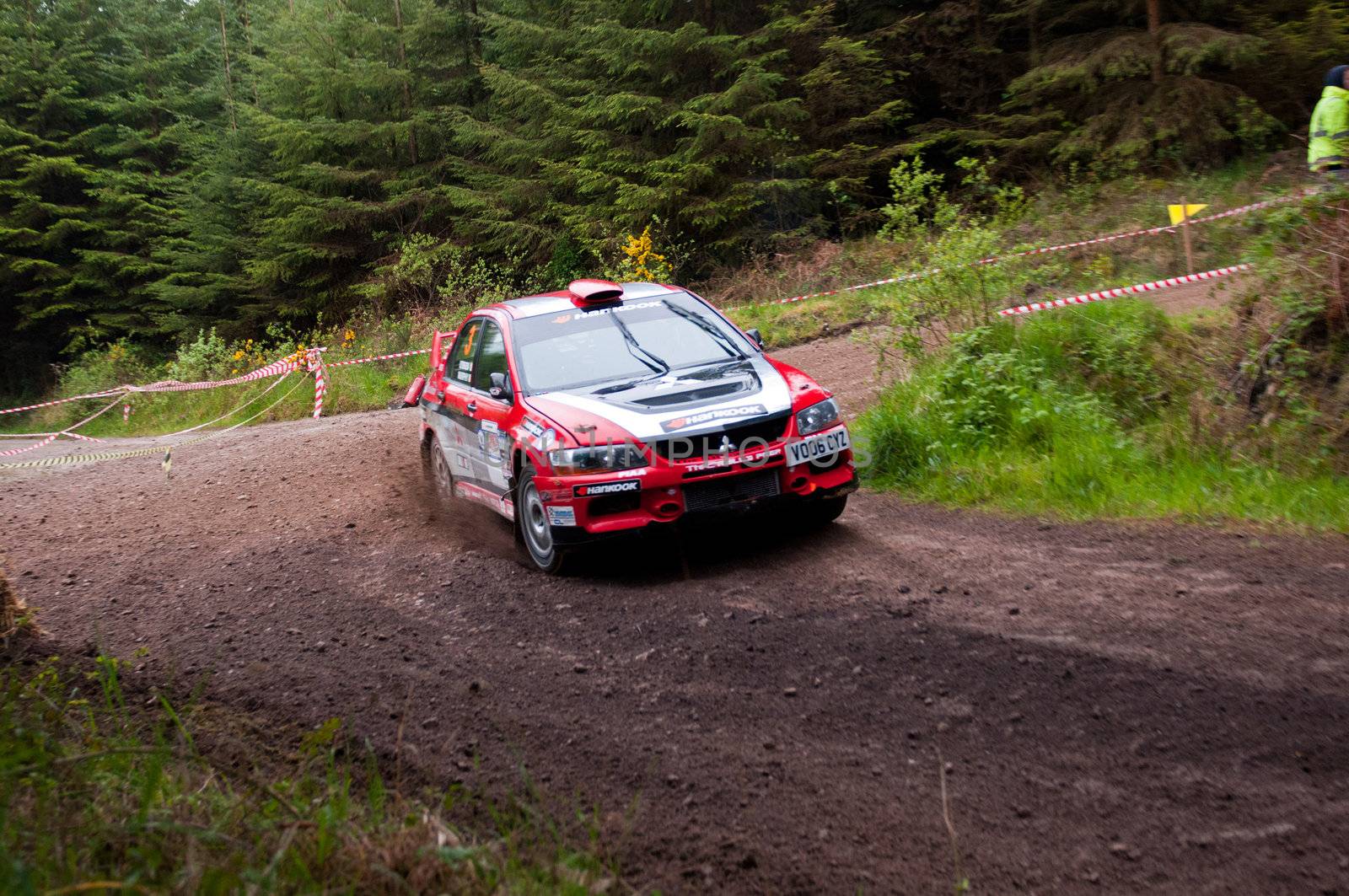 MALLOW, IRELAND - MAY 19: Stage Winner O. Murphy driving Mitsubishi Evo at the Jim Walsh Cork Forest Rally on May 19, 2012 in Mallow, Ireland. 4th round of the Valvoline Forest Rally Championship.