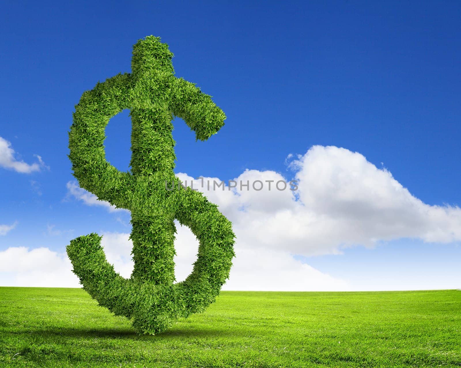 Green grass  US dollar symbol against blue sky