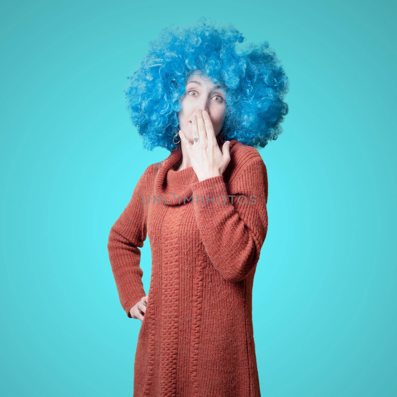 beautiful girl with curly blue wig and turtleneck by peus