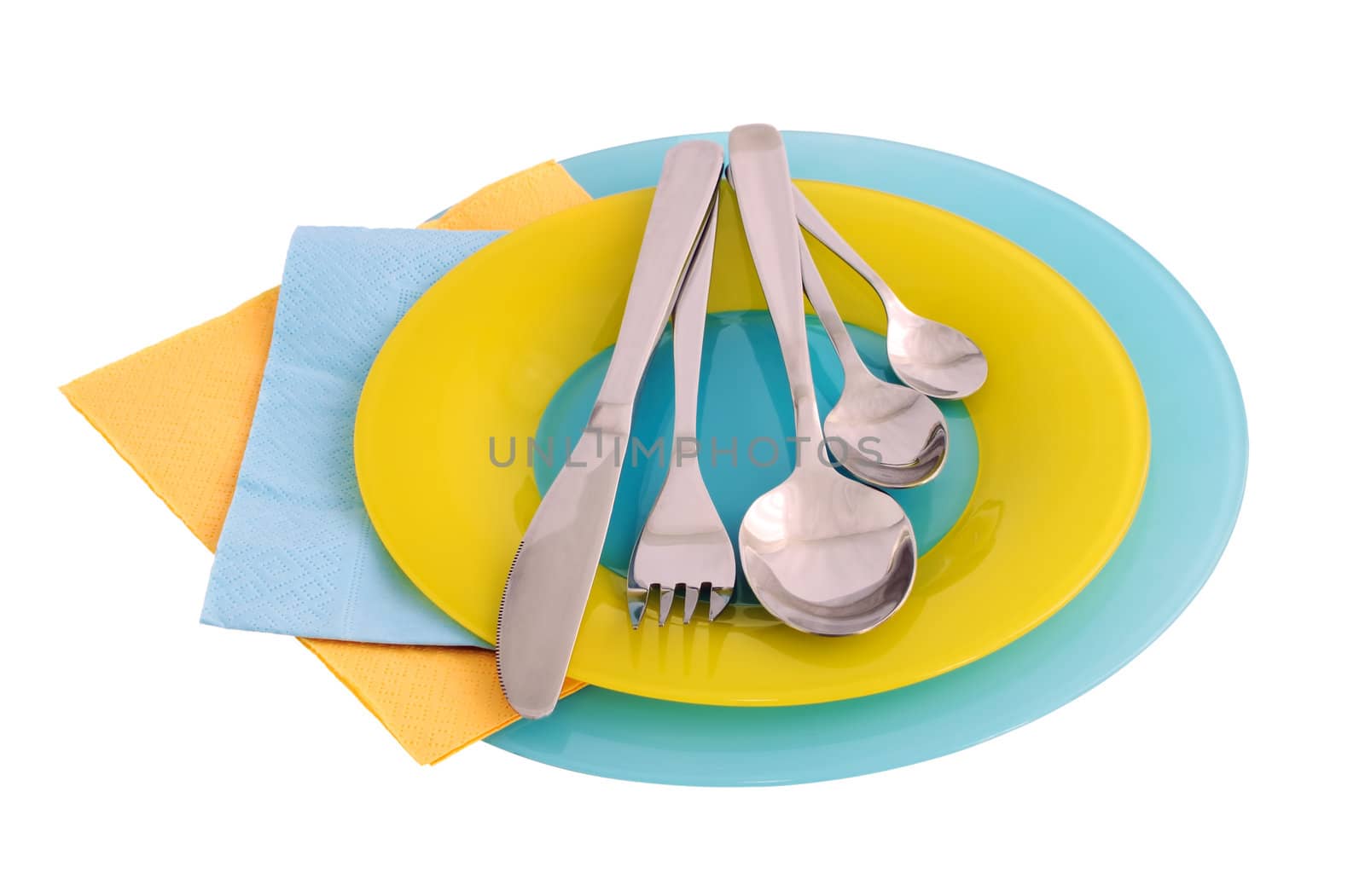 A set of cutlery on a plate with paper towels (isolated)