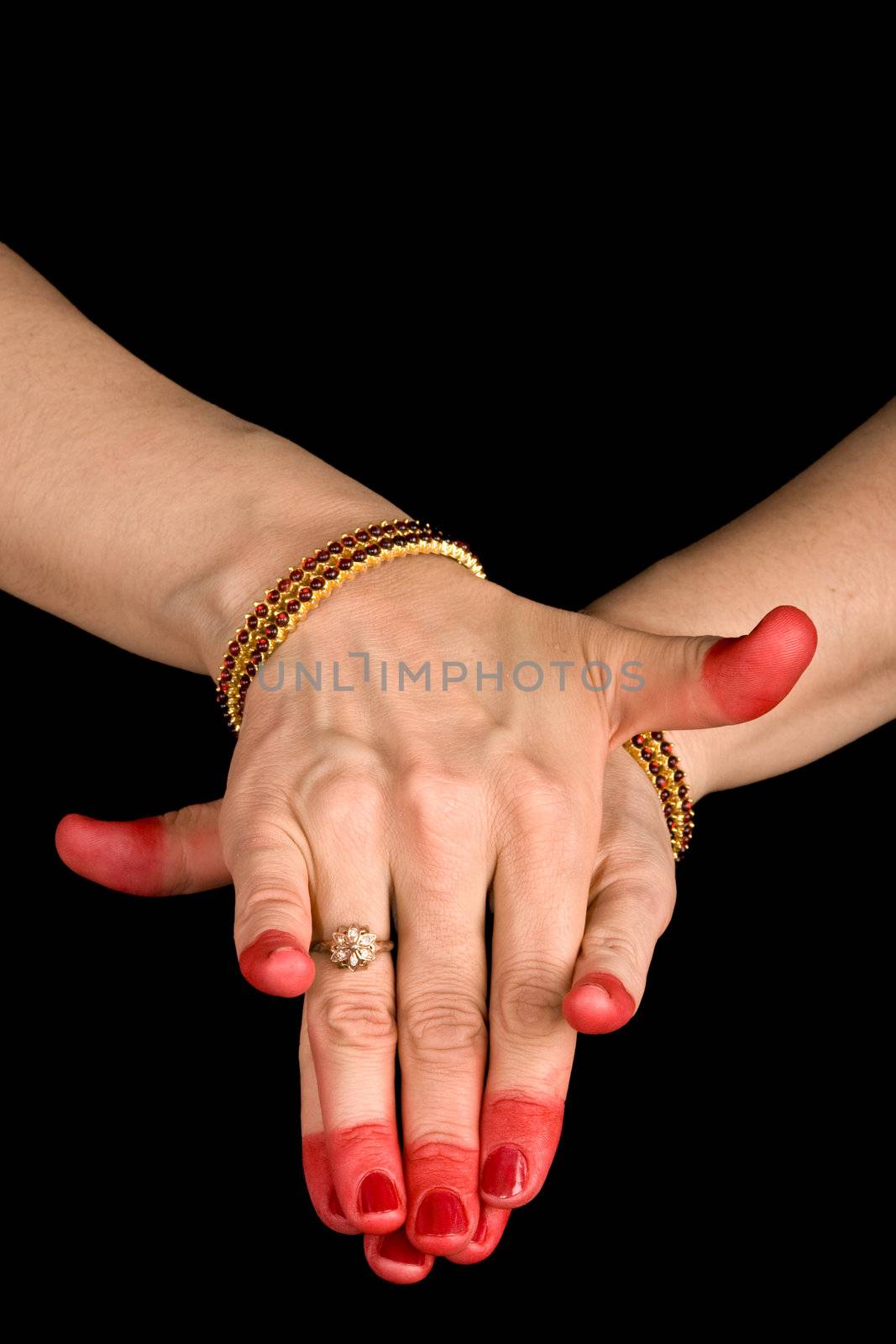 Woman hand showing Varaha hasta of indian classic dance Bharata Natyam