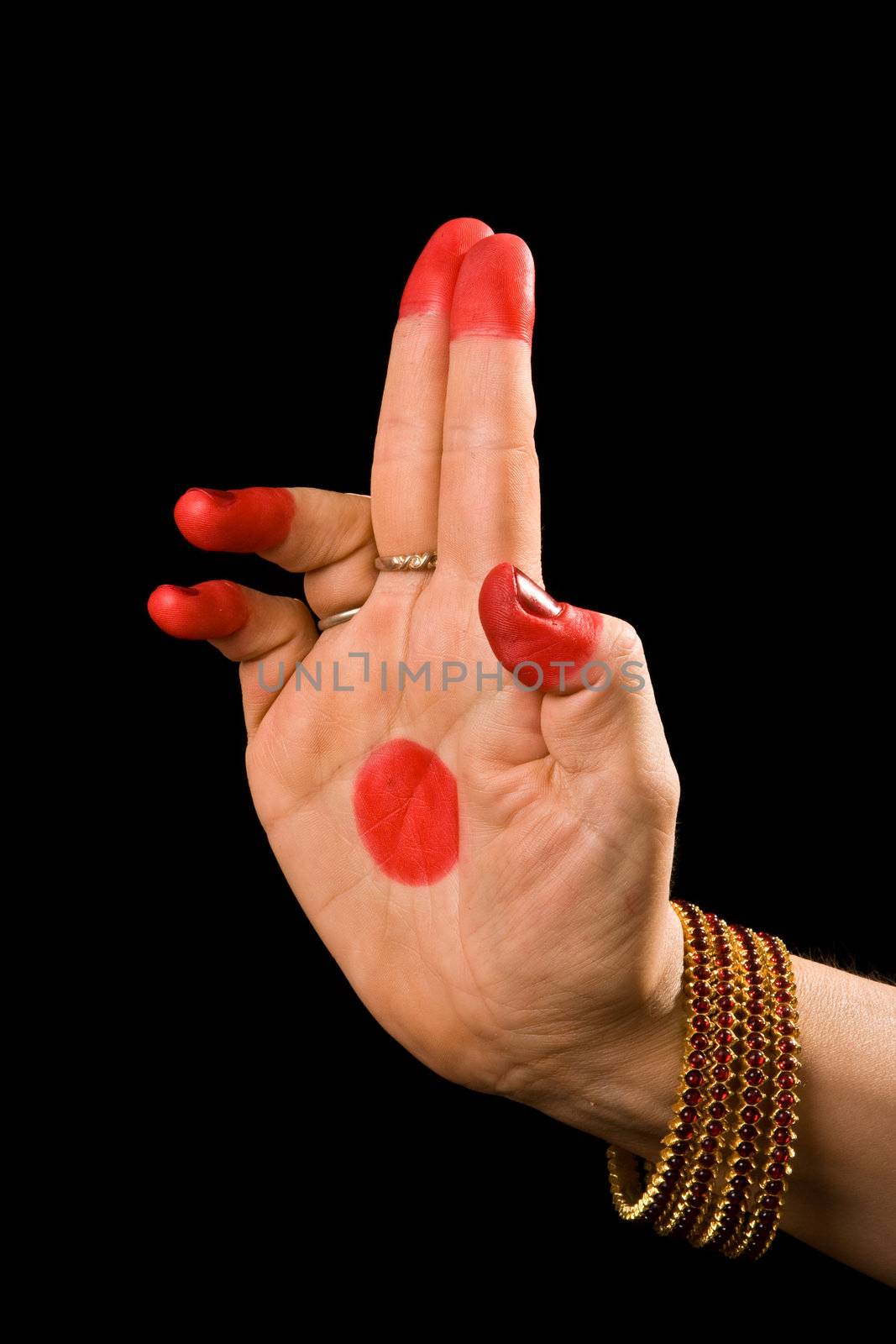 Woman hand showing Ardhapataka hasta (meaning half flag) of indian classic dance Bharata Natyam