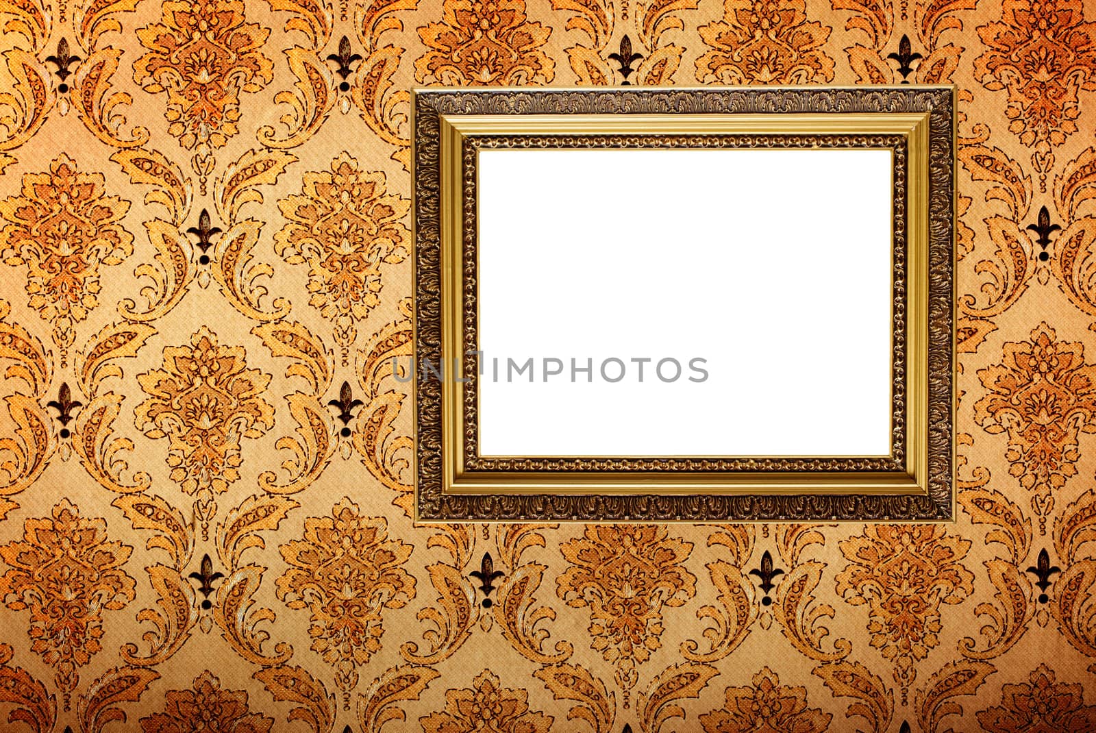 Vintage gold plated picture frame  on retro wallpaper background