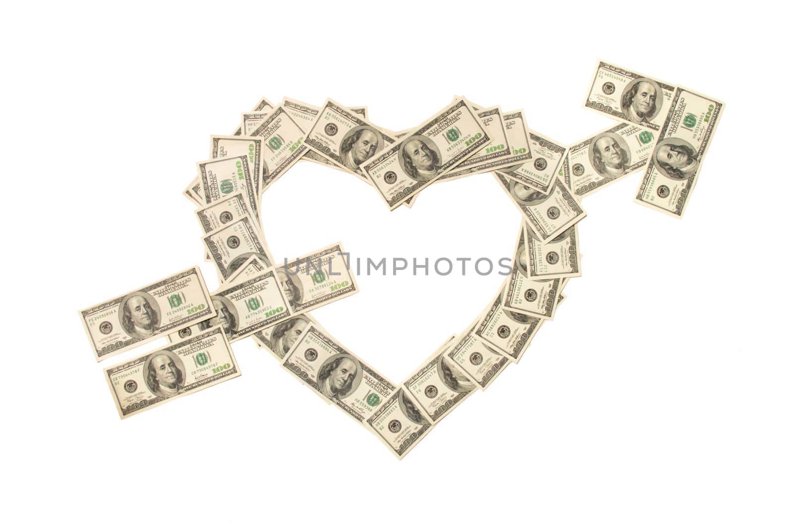 Heart pierced with arrow made of hundred dollar banknotes isolat by dimol