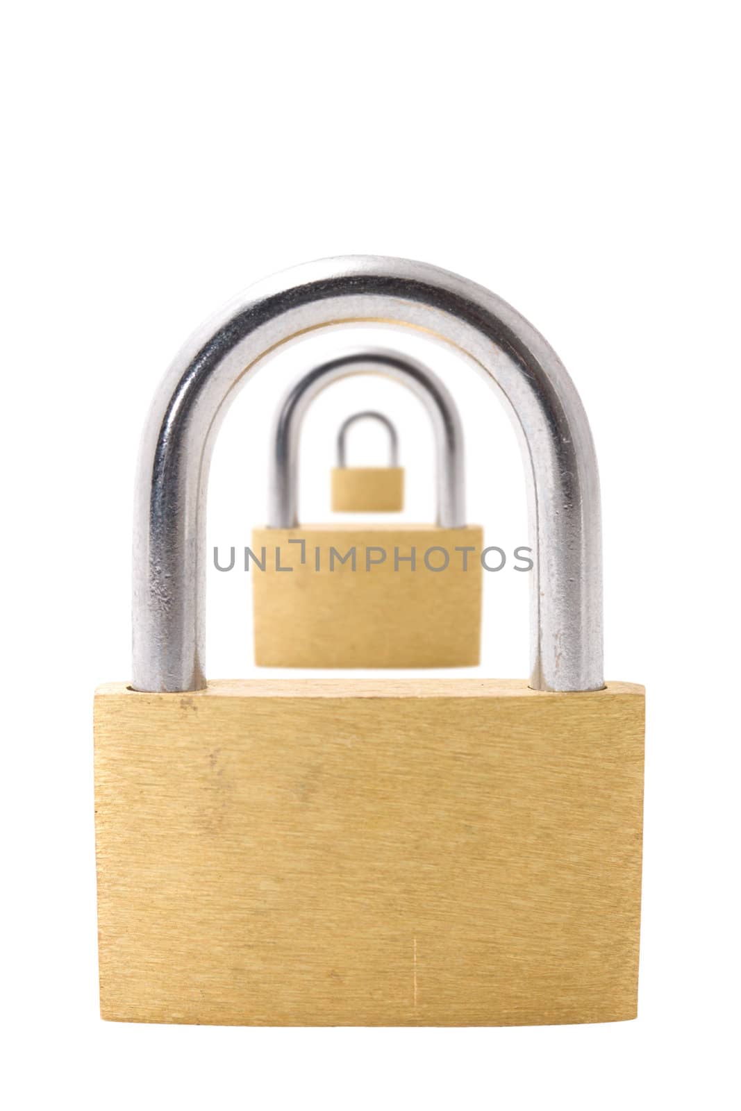 Three padlocks isolated on white background - first one in focus