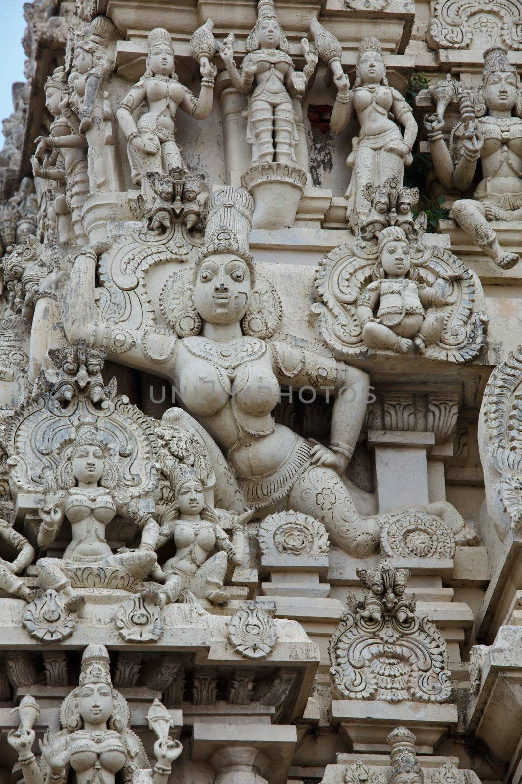 Gopuram (tower) of ancient Hindu temple Kailasanthar. Kanchipuram, Tamil Nadu, India