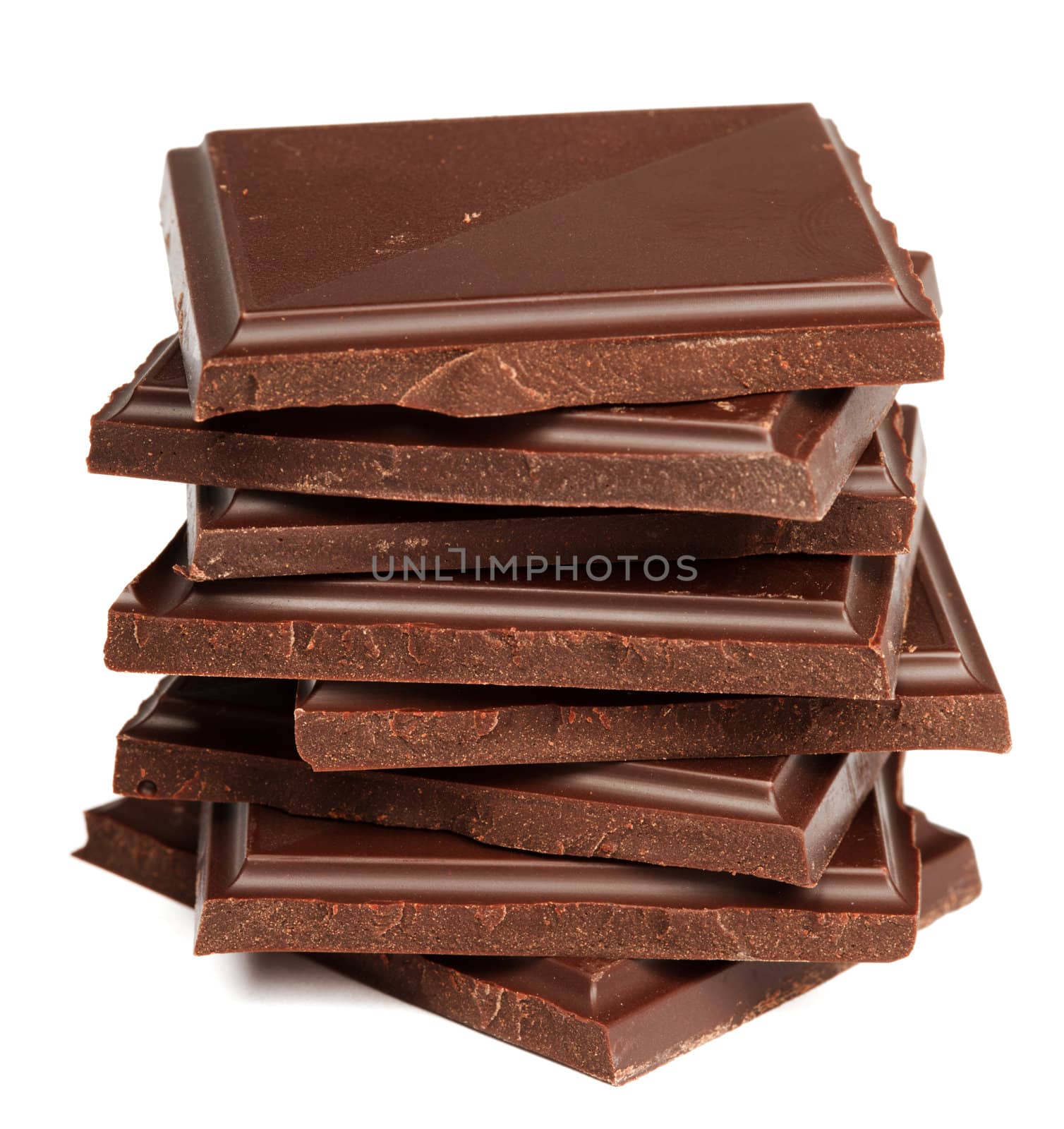 Stack of dark chocolate isolated on white