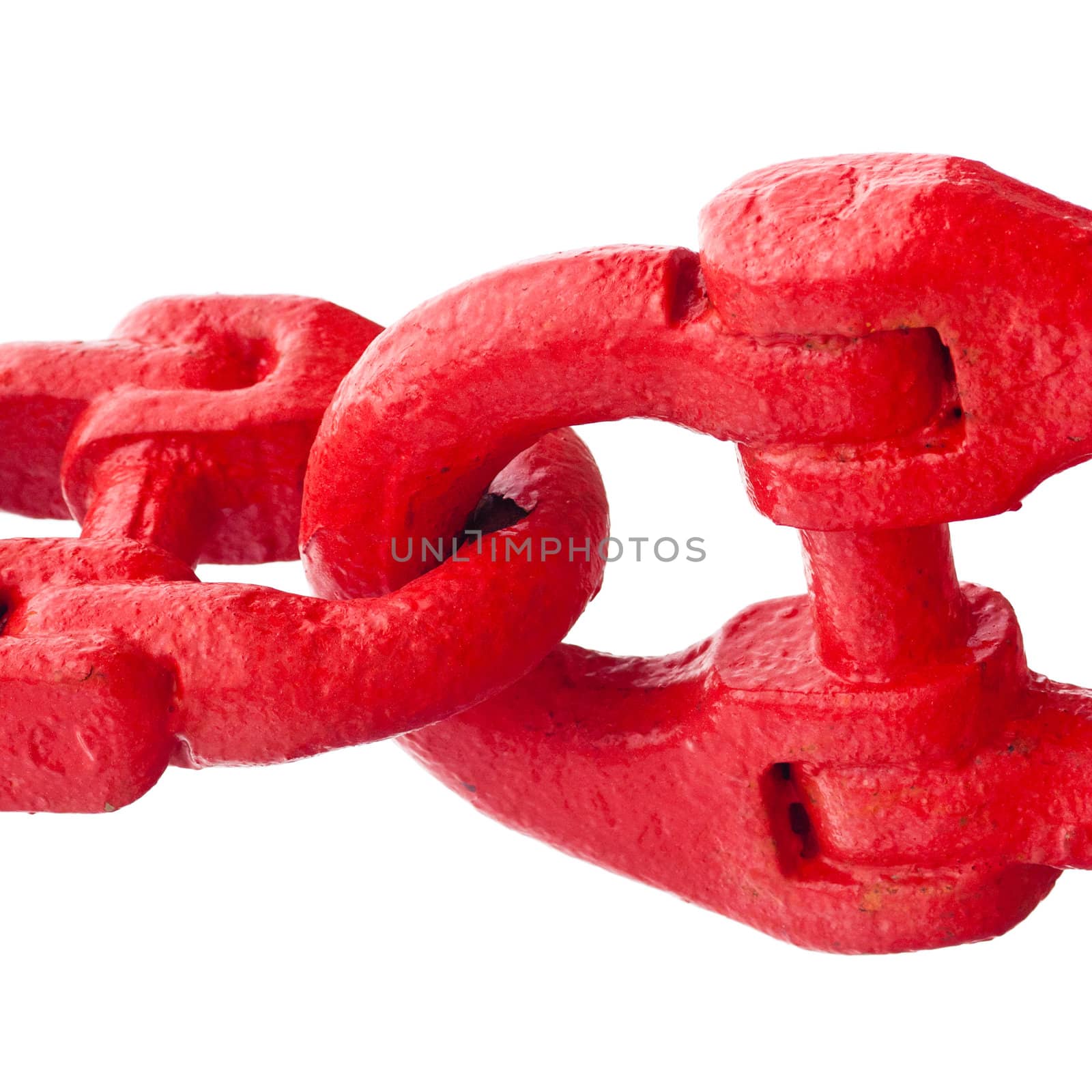 Close up shot of big painted red chain links isolated on white background