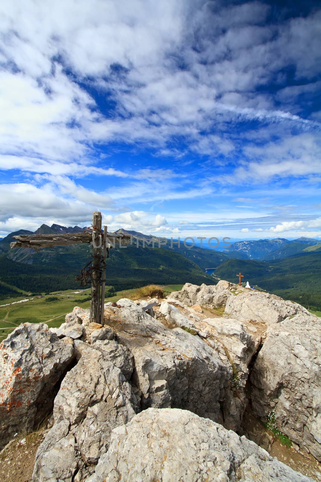 aerial view of Rolle pass and Paneveggio Natural park from Castellazzo mount, Trentino, Italy