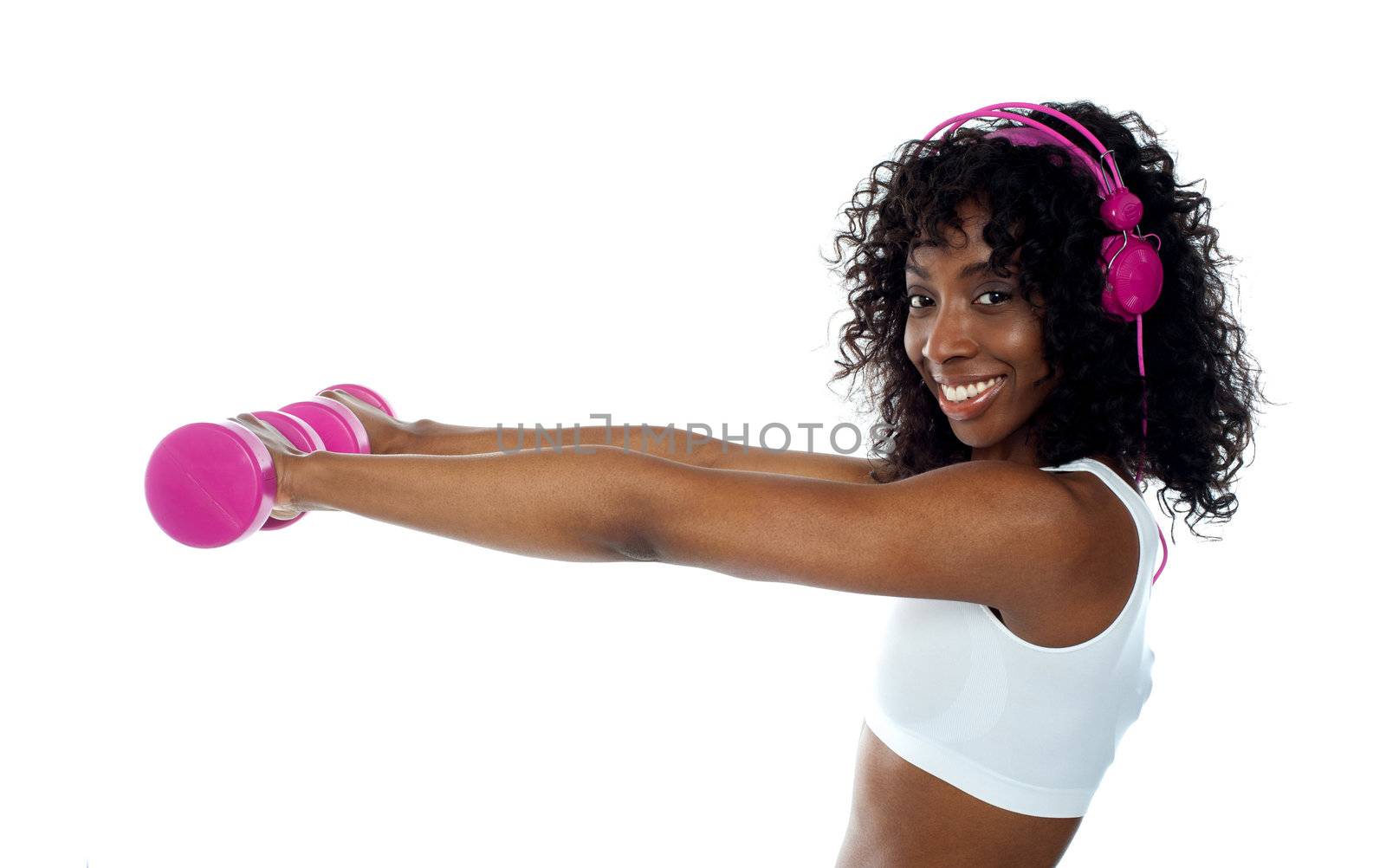 Teenager listening to music and exercising. All on white background