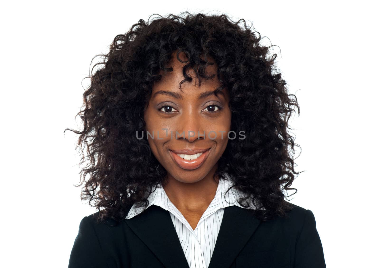 Closeup of portrait of smiling businesswoman isolated over white