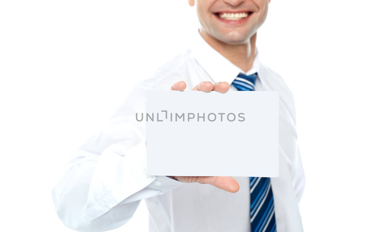 Cropped image of man showing business card isolated over white background