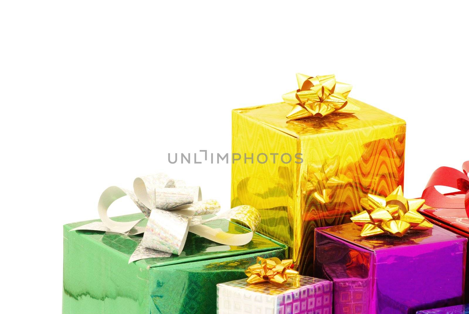 Christmas box gifts with satin bow isolated on white background