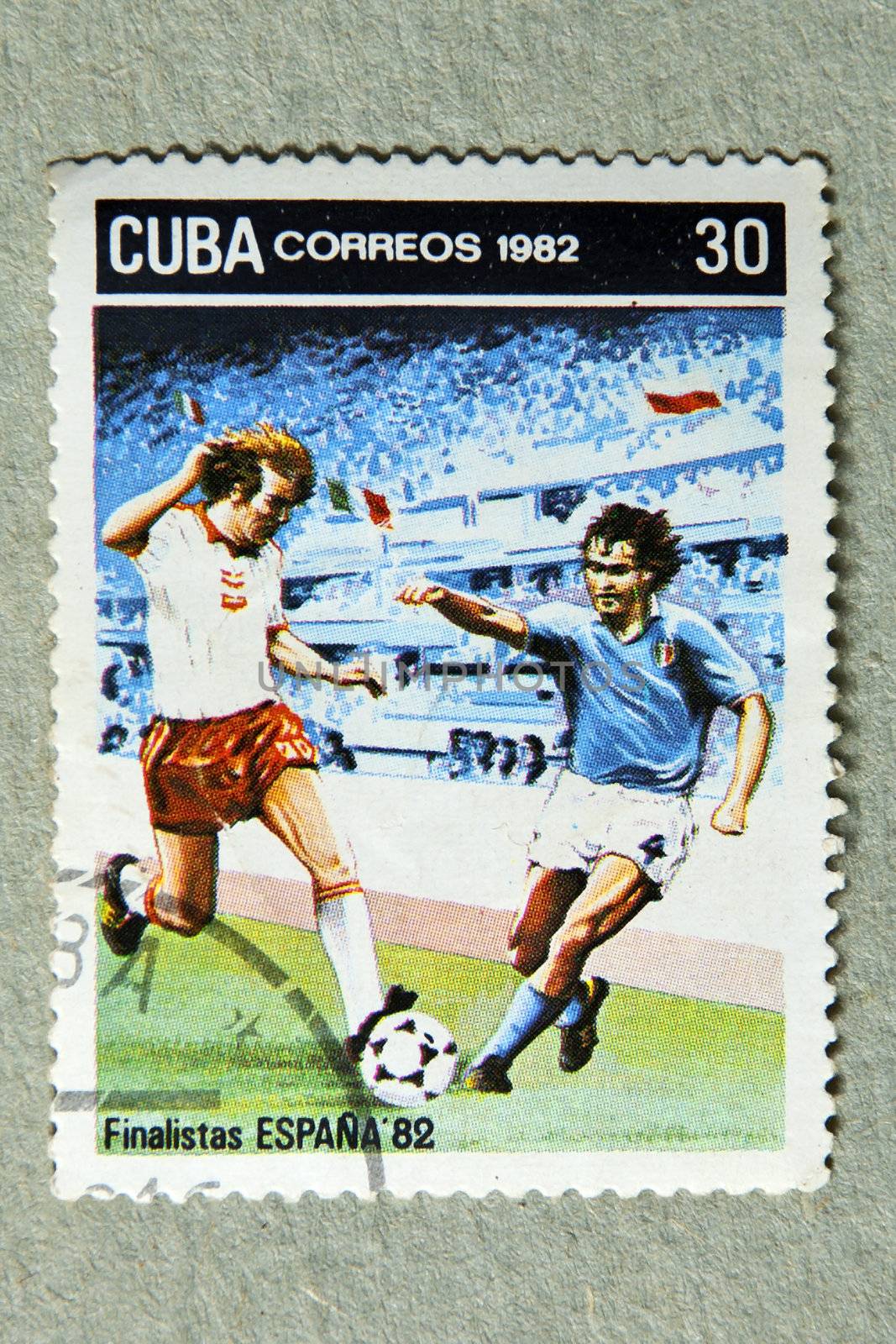 CUBA CIRCA 1982: stamp printed by CUBA, shows Spanish football finalists in 1982, CIRCA 1982