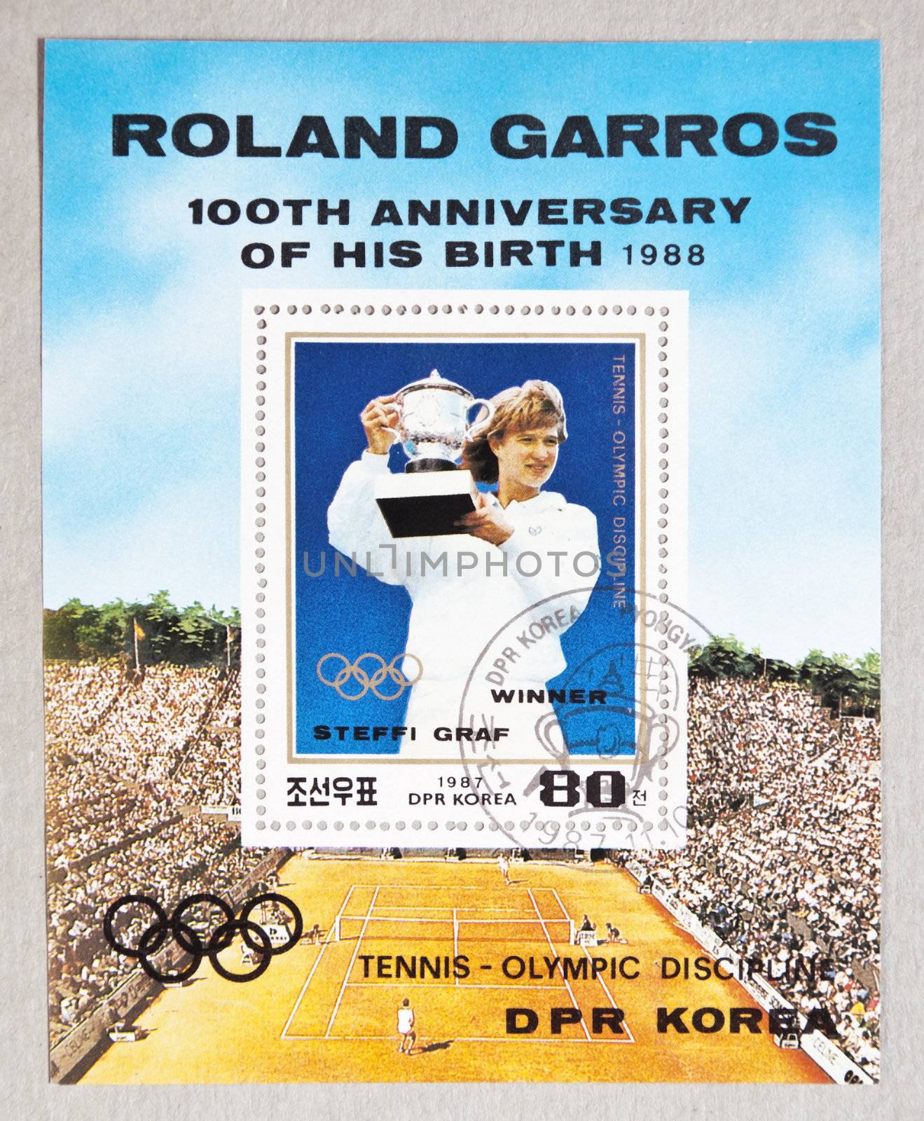 DPR KOREA CIRCA 1987: stamp printed by DPR KOREA, shows Steffi Graf, tennis winner. ROLAND GARROS - 100th ANNIVERSARY OF HIS BIRTH 1988