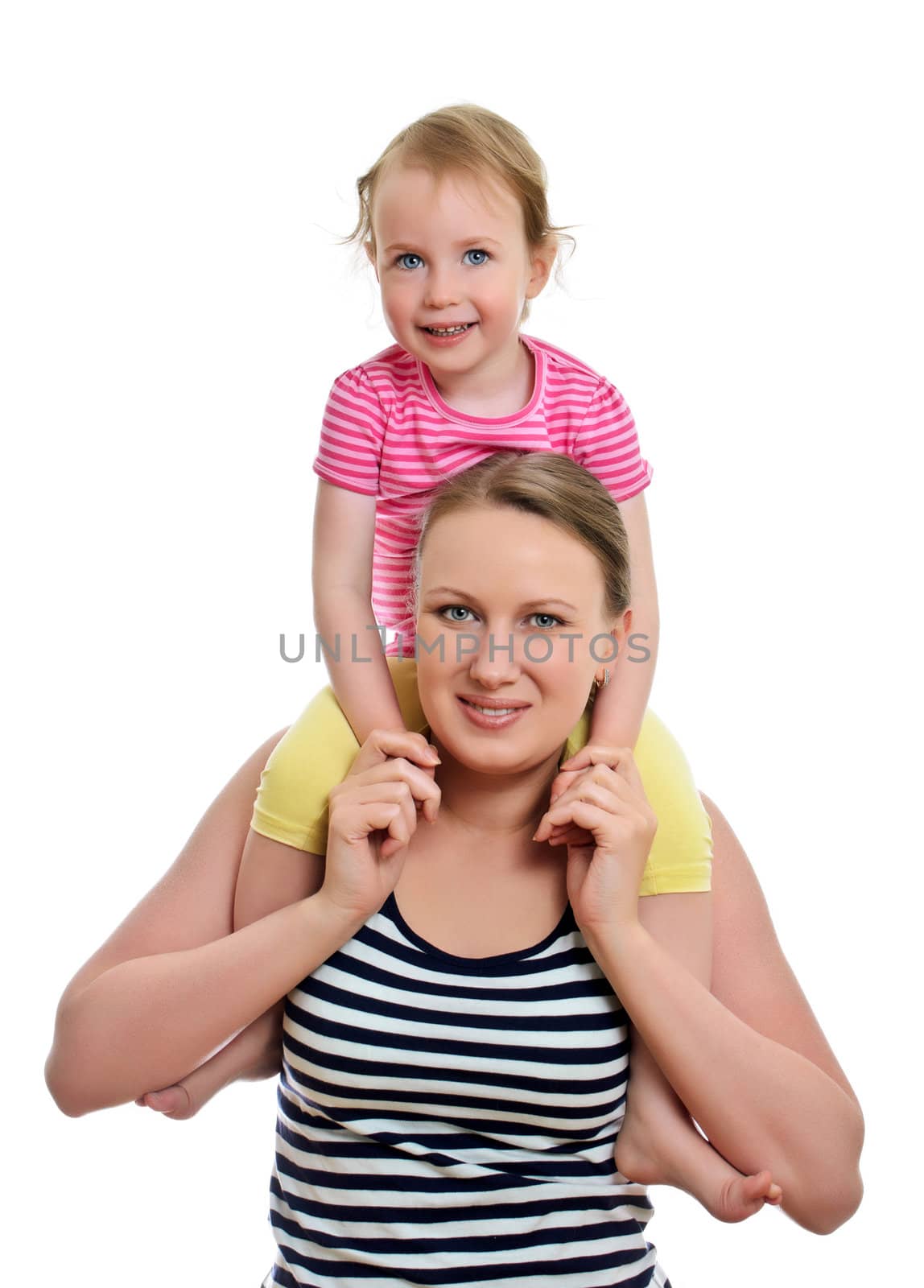 Happy woman and little girl isolated on white