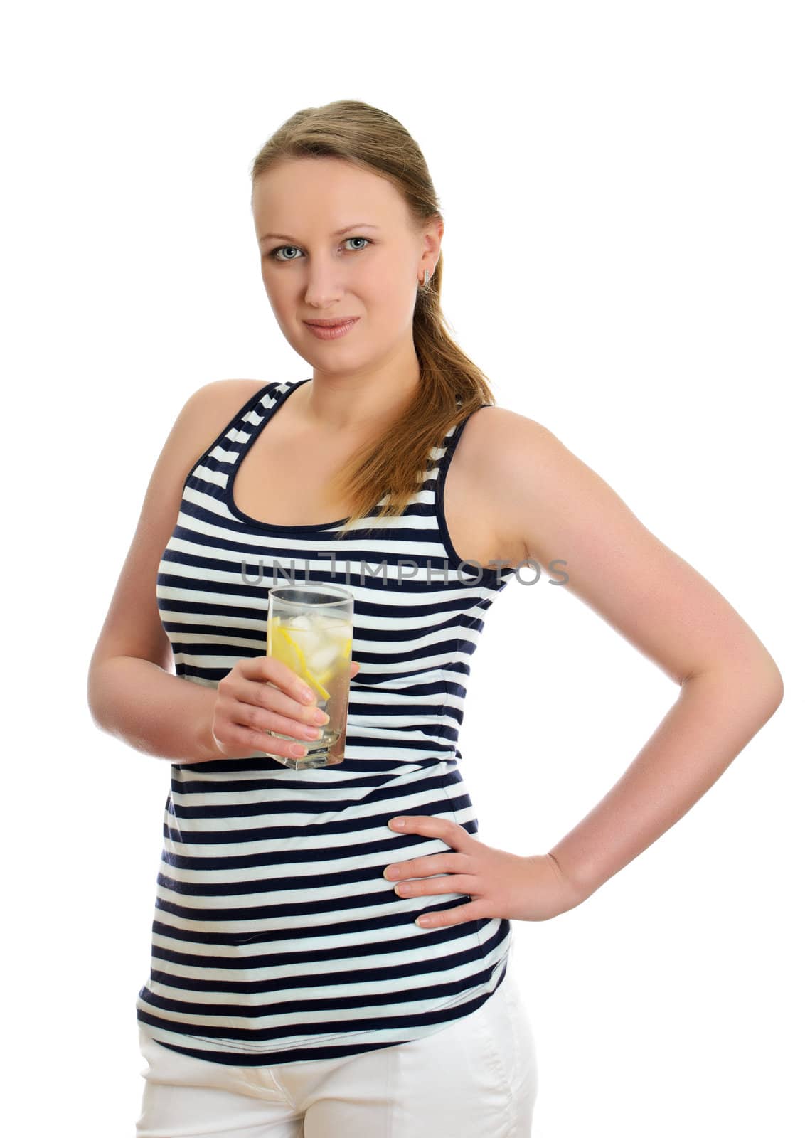 Attractive woman with glass of water, isolated on white