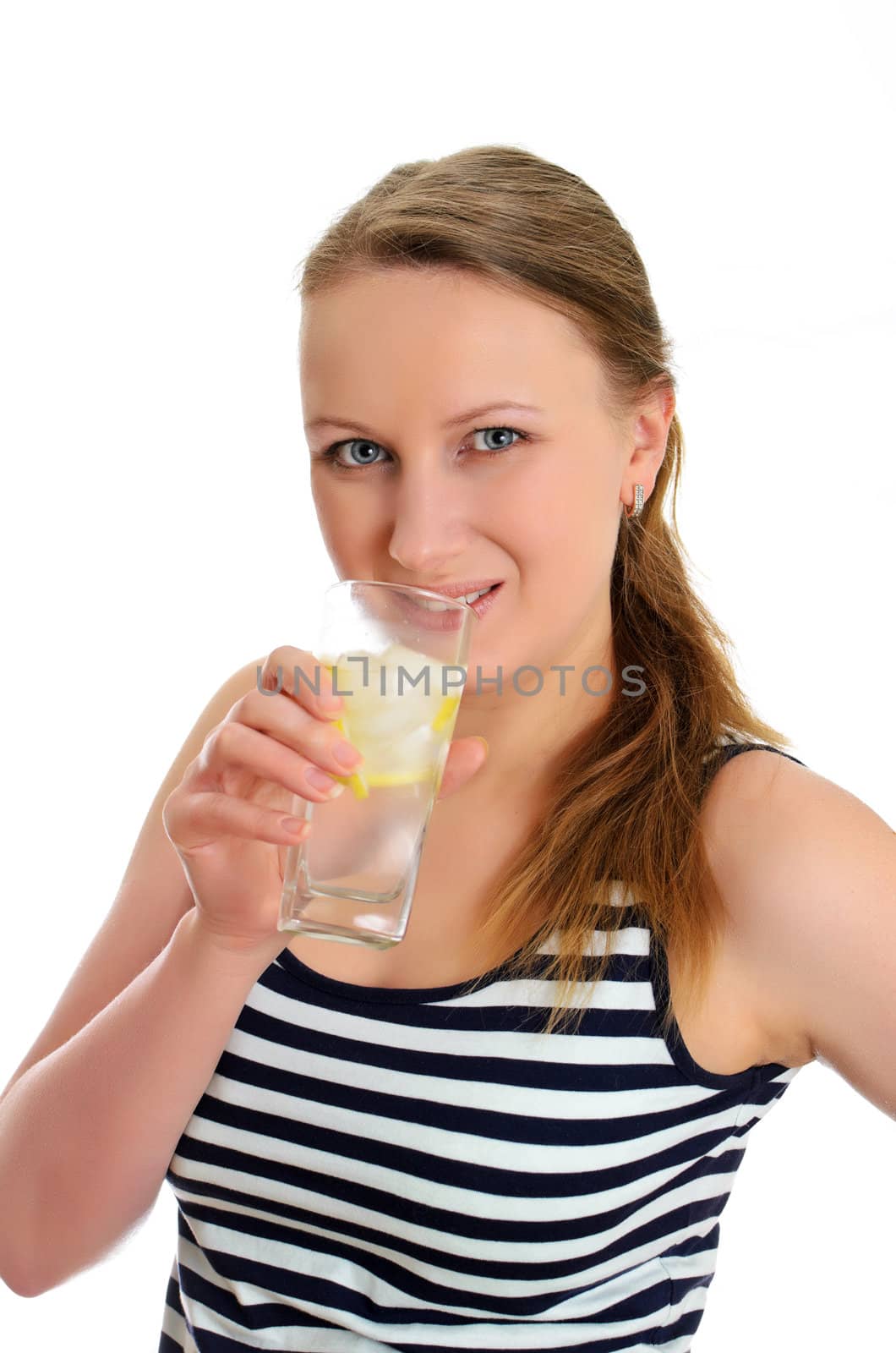 Attractive woman with glass of water, isolated on white