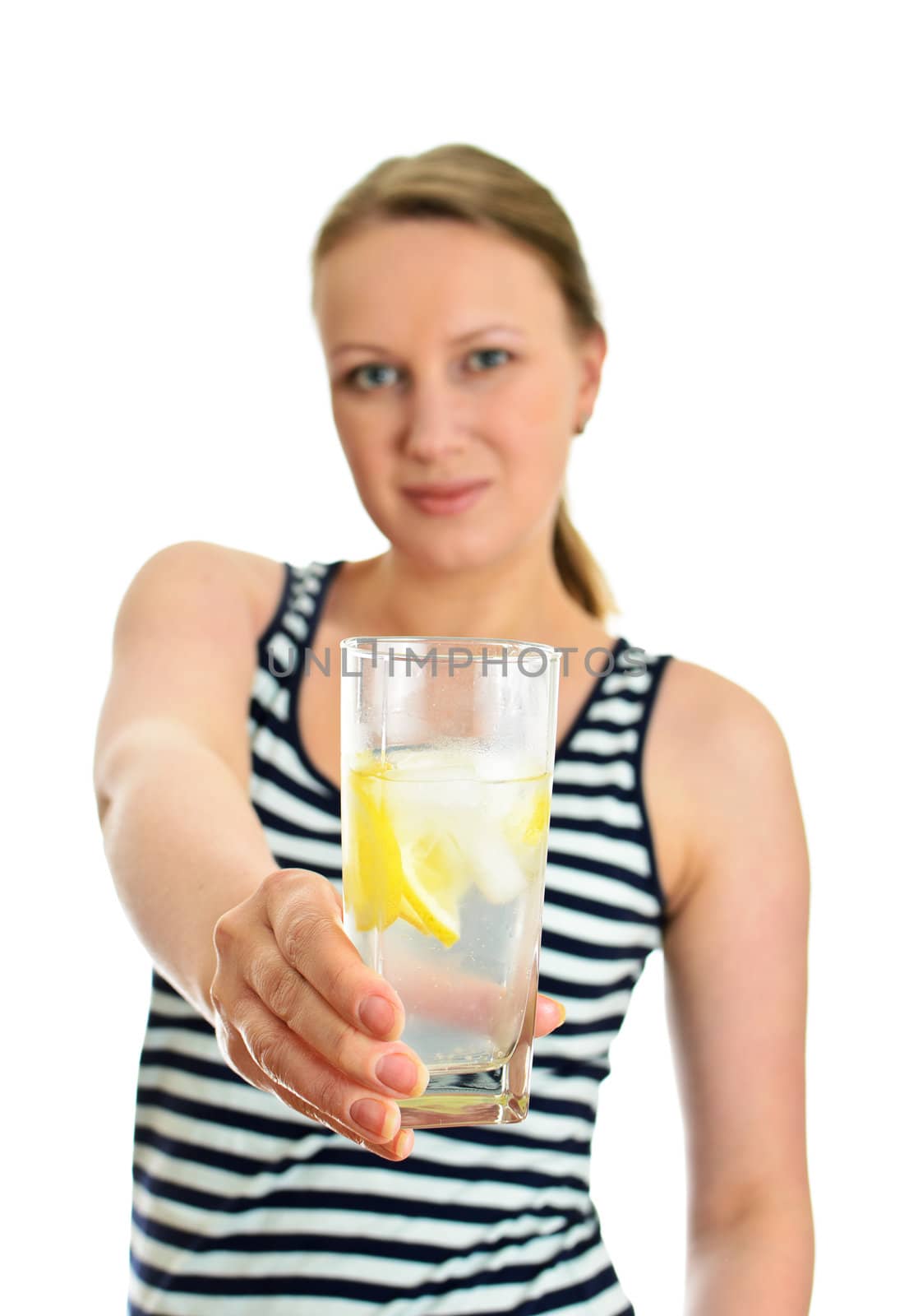 Attractive woman with glass of water, isolated on white