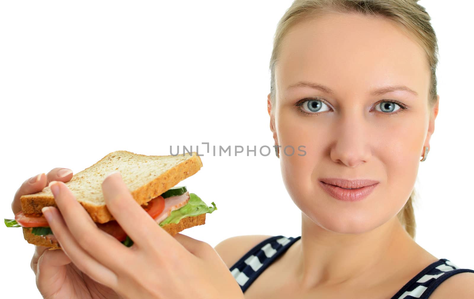 Attractive female with sandwich, isolated on white