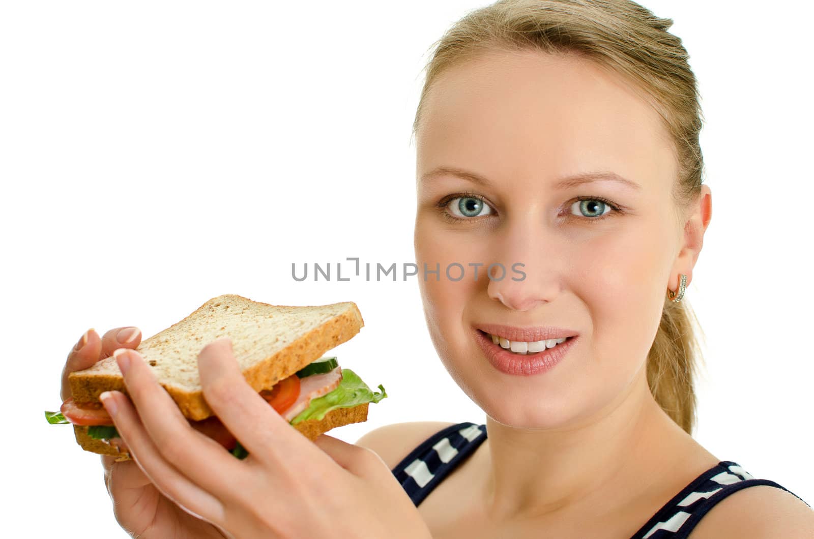 Attractive female with sandwich, isolated on white