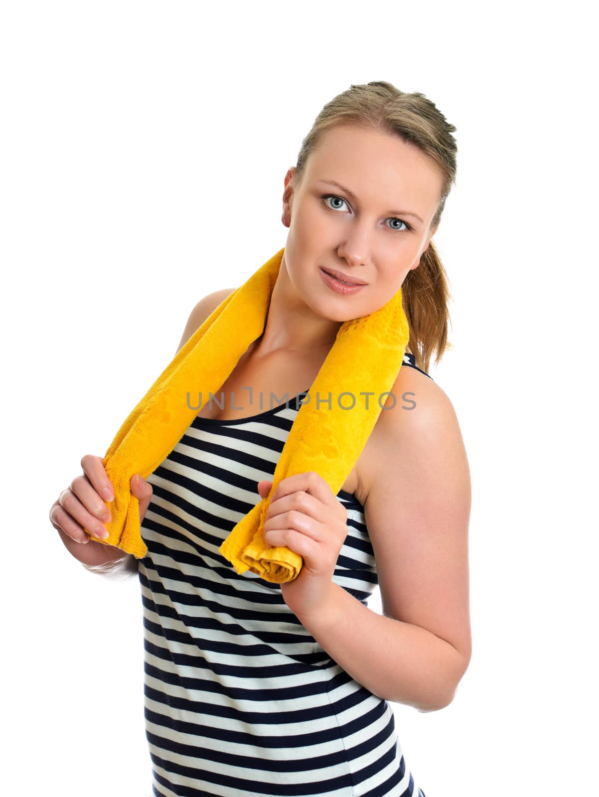 Attractive girl with towel, isolated on white