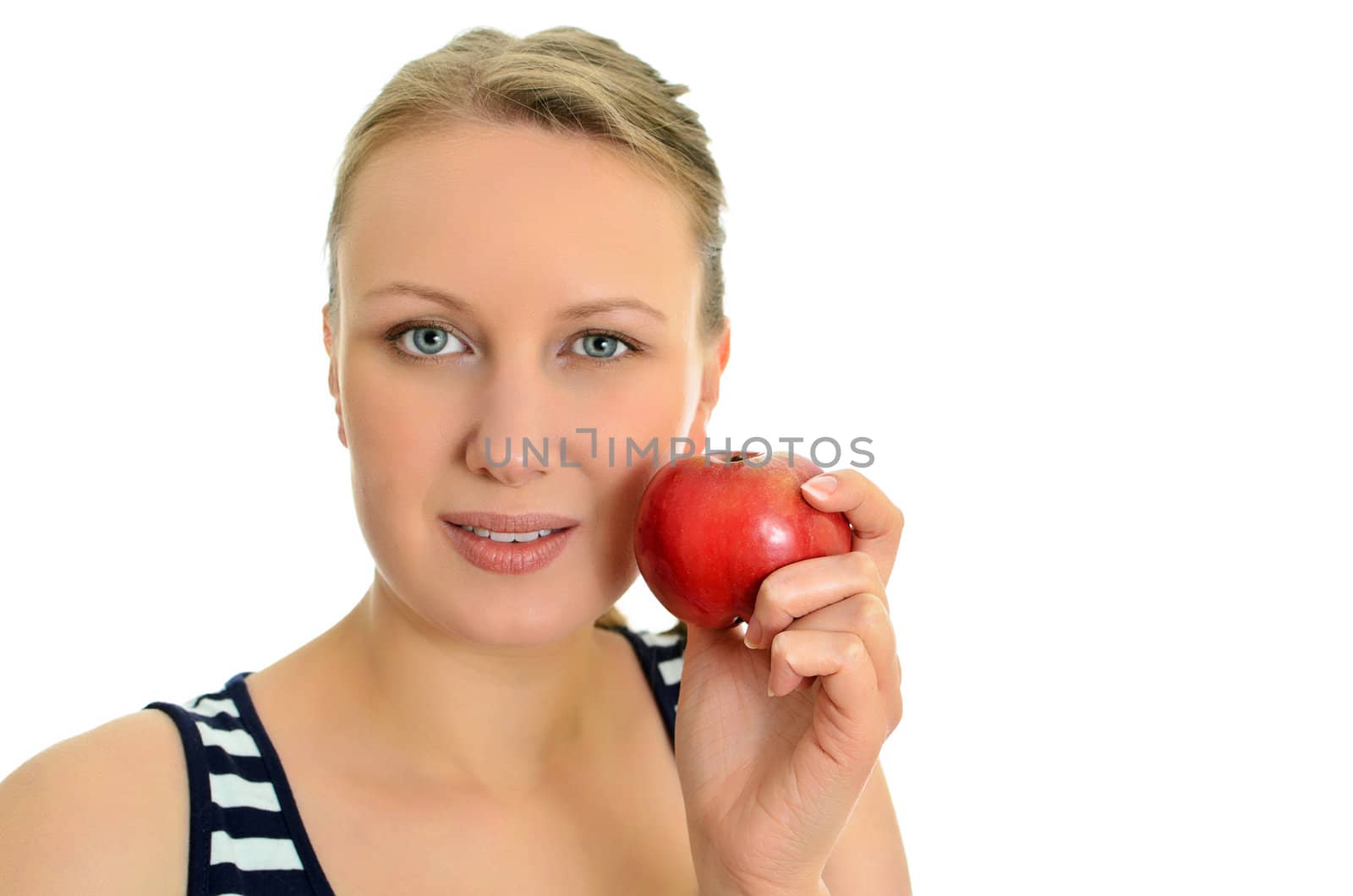 Pretty girl with apple, isolated on white
