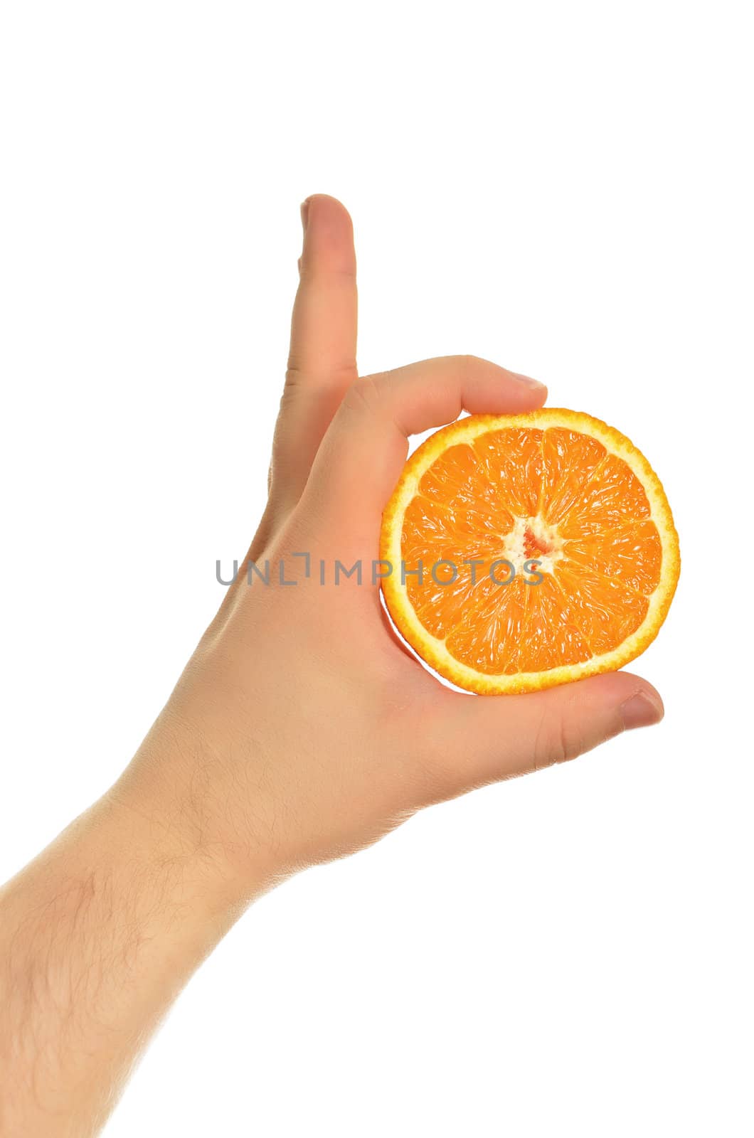 Man's hand shows a gesture OK with orange, isolated on a white