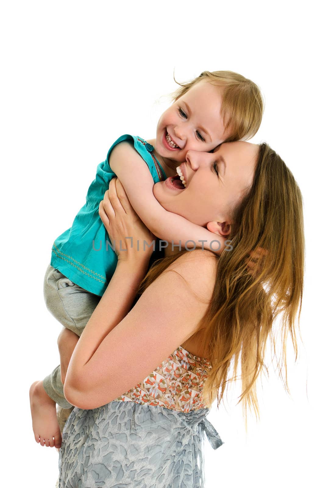 Family: Happy mother and daughter, isolated on white