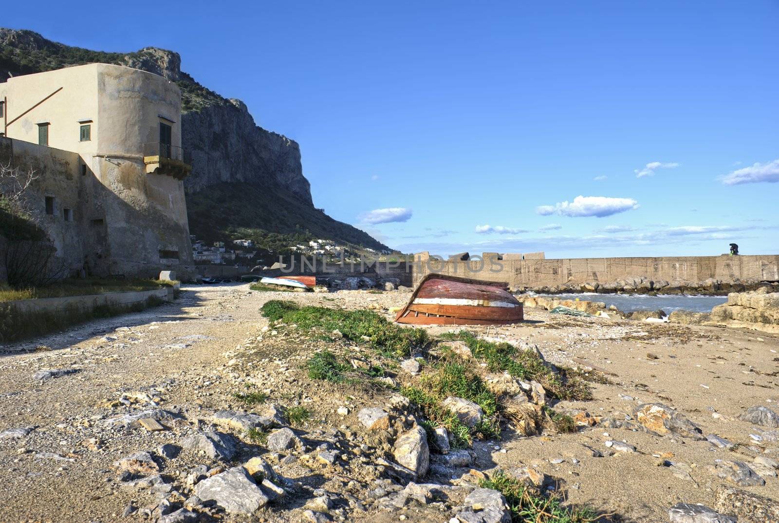 landscape of Palermo, Arenella- Sicily. old boats and fisherman in the distance