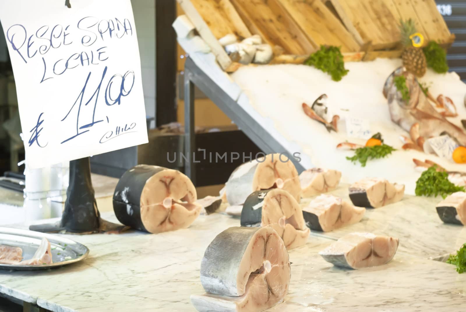 Swordfish for sale at market Ballaro of Palermo-Sicily.Italy