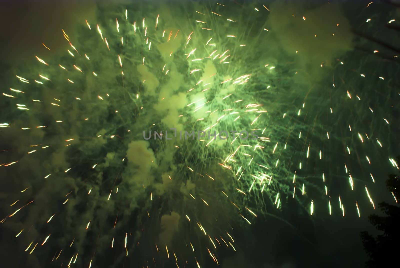 Colorful fireworks over dark sky, displayed during a celebration of Santa