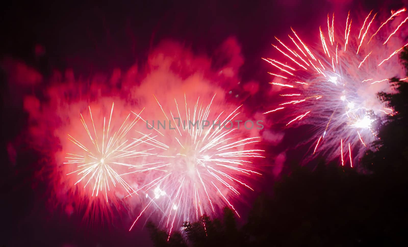 Colorful fireworks over dark sky, displayed during a celebration of Santa