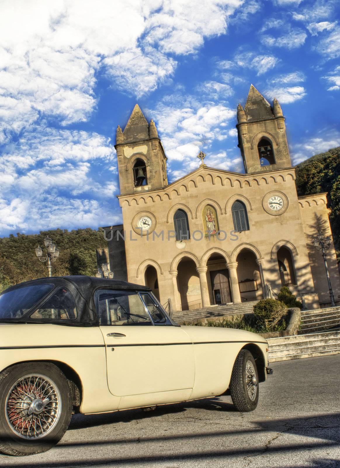Old car and cathedral of Gibilmanna by gandolfocannatella
