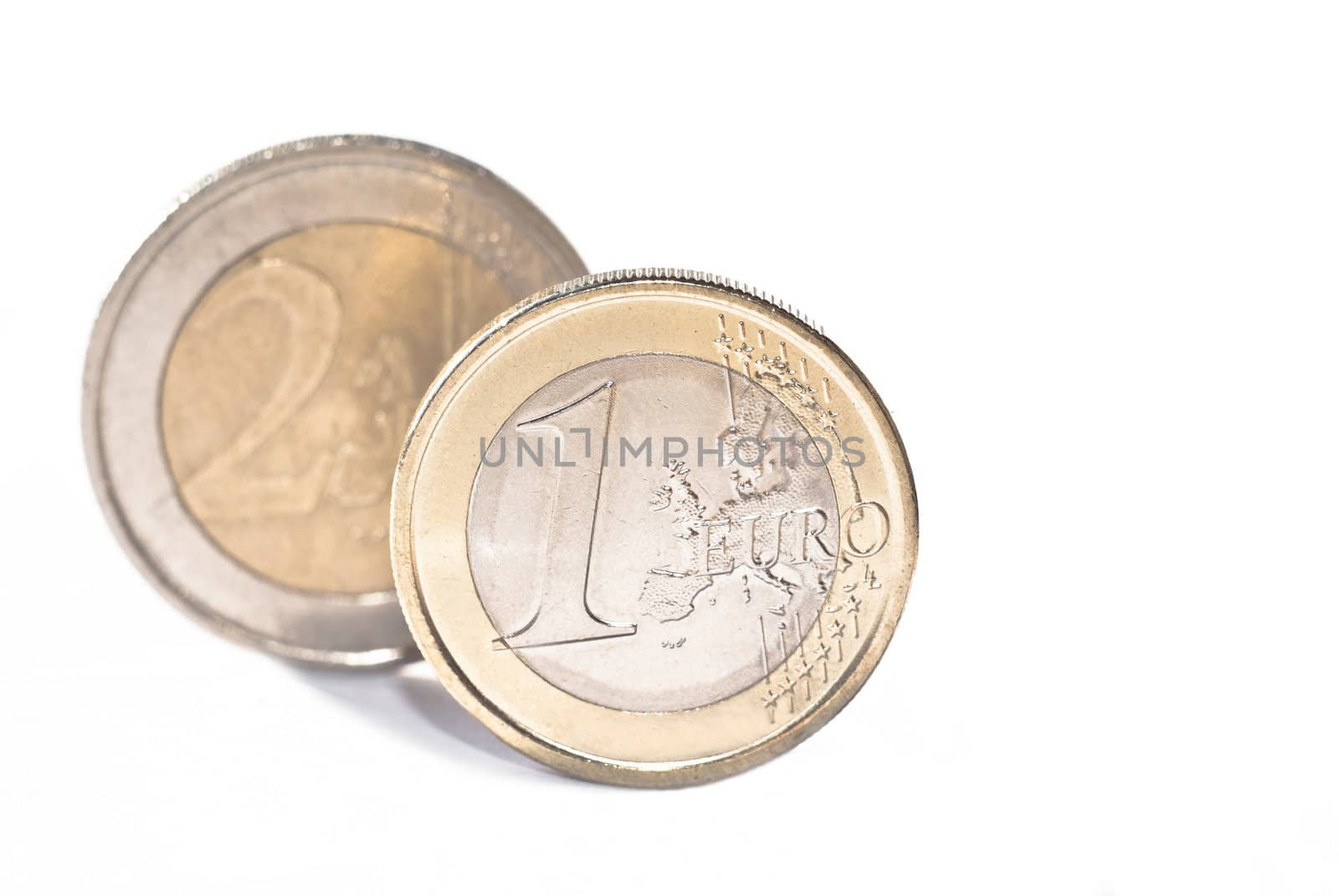 One and two euro coin, isolated on the white background.selective focus