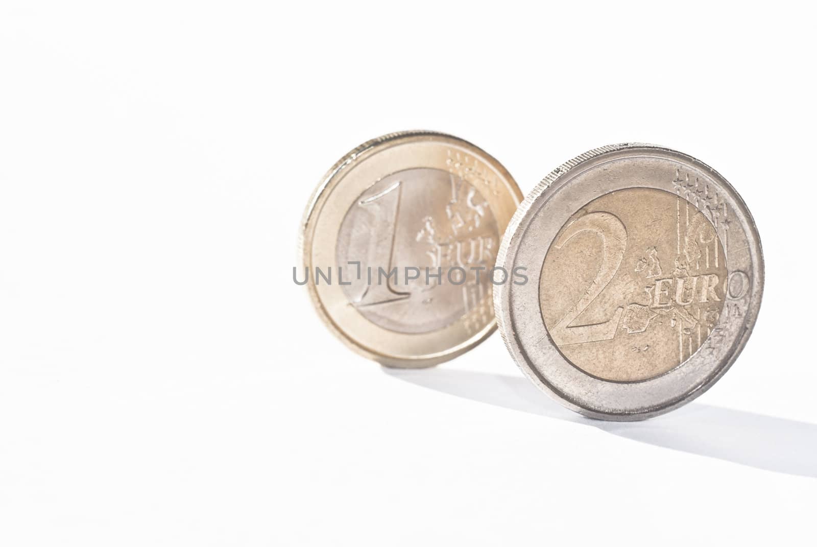 One  and two euro coin, isolated on the white background.selective focus